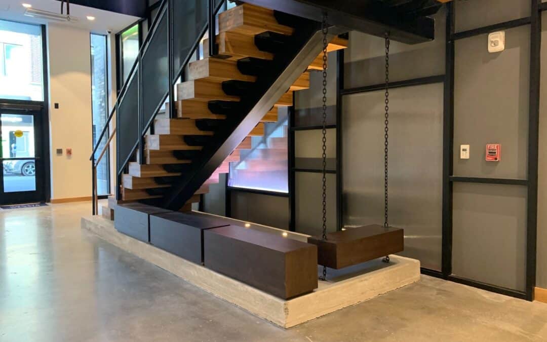 Set of modern industrial stairs with benches lined beneath