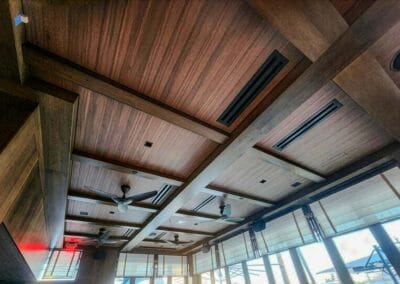 A view of the beautiful woodworking on the ceiling at Ocean Prime restaurant
